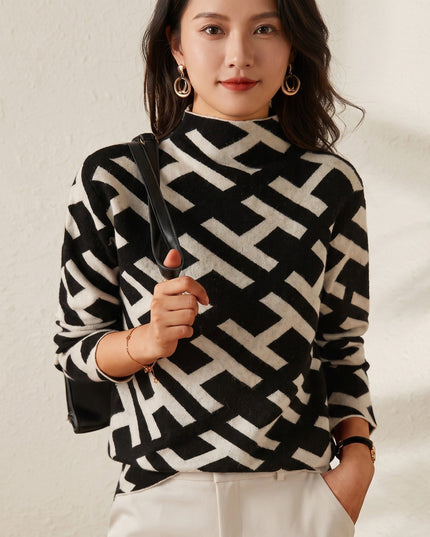 Women's Geometric Print Knitwear Jumper with Mock Neck