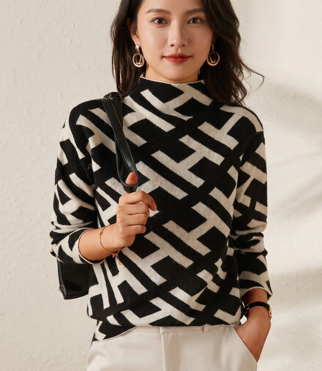 Women's Geometric Print Knitwear Jumper with Mock Neck
