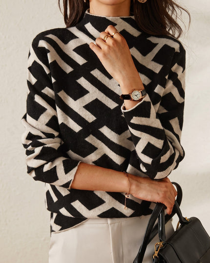 Women's Geometric Print Knitwear Jumper with Mock Neck