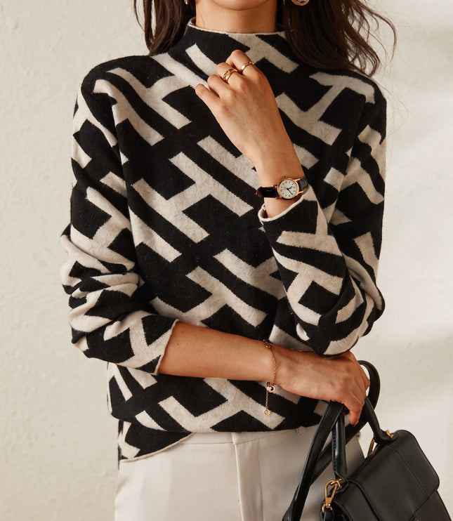 Women's Geometric Print Knitwear Jumper with Mock Neck