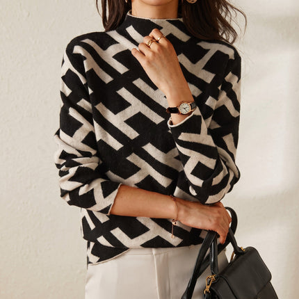 Women's Geometric Print Knitwear Jumper with Mock Neck