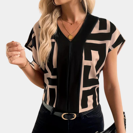Black and beige geometric v-neck short sleeve blouse with abstract block pattern