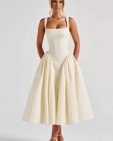 Women's Gingham Midi Dress with Lace-Up Back