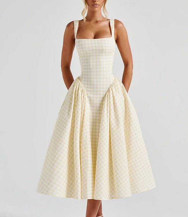 Women's Gingham Midi Dress with Lace-Up Back