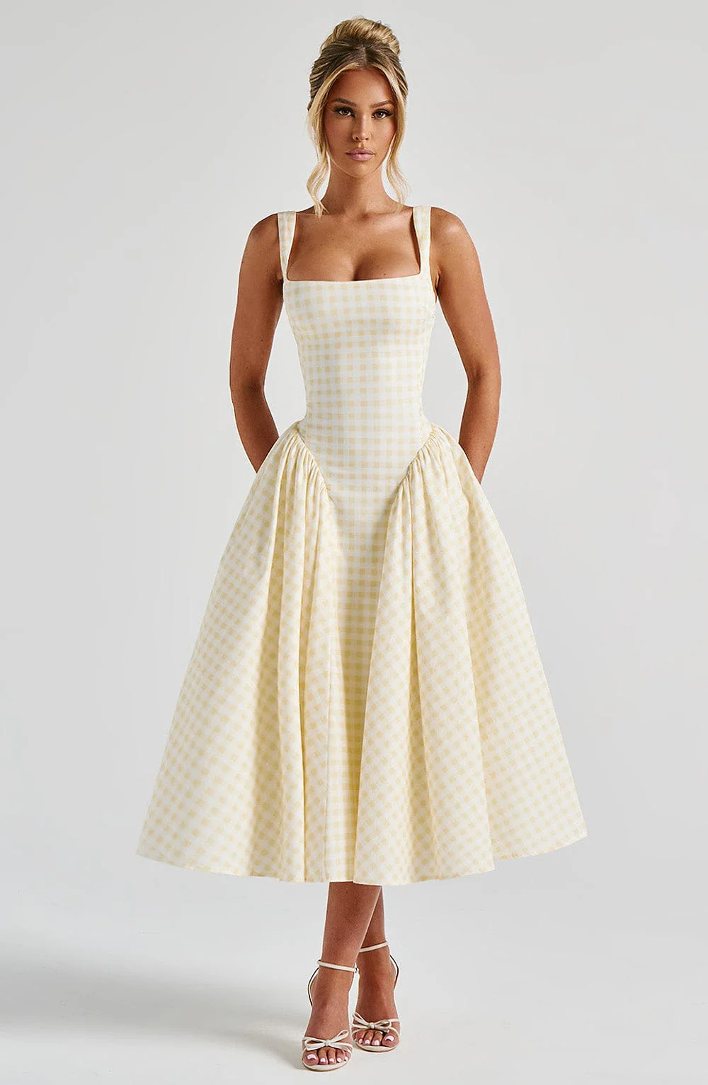 Women's Gingham Midi Dress with Lace-Up Back Lavirel Women's Gingham Midi Dress with Lace-Up Back Lavirel