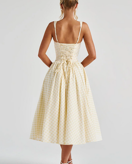 Women's Gingham Midi Dress with Lace-Up Back