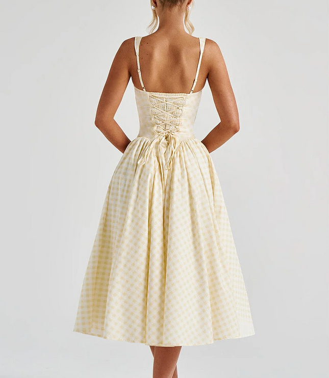 Women's Gingham Midi Dress with Lace-Up Back