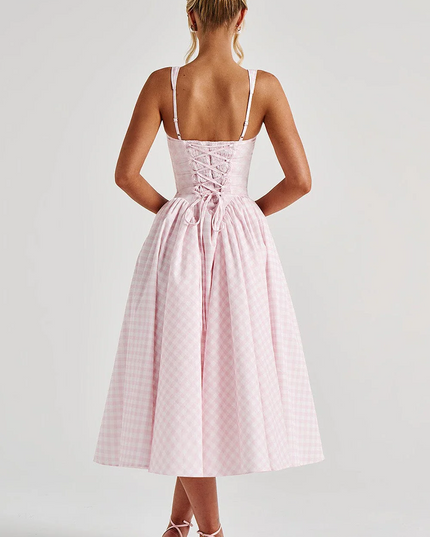 Women's Gingham Midi Dress with Lace-Up Back