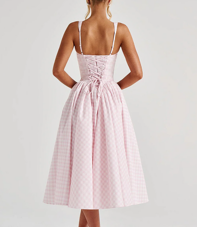 Women's Gingham Midi Dress with Lace-Up Back