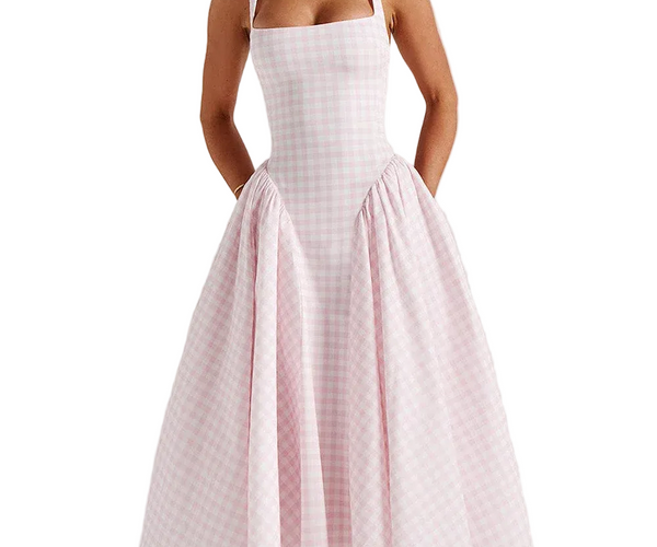 ladies gingham dress Women's Gingham Midi Dress with Lace-Up Back – Lavirel