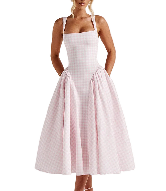 Women's Gingham Midi Dress with Lace-Up Back