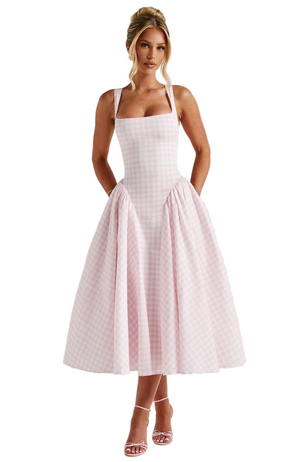 Vestido midi de cuadros vichy para mujer con espalda con cordones