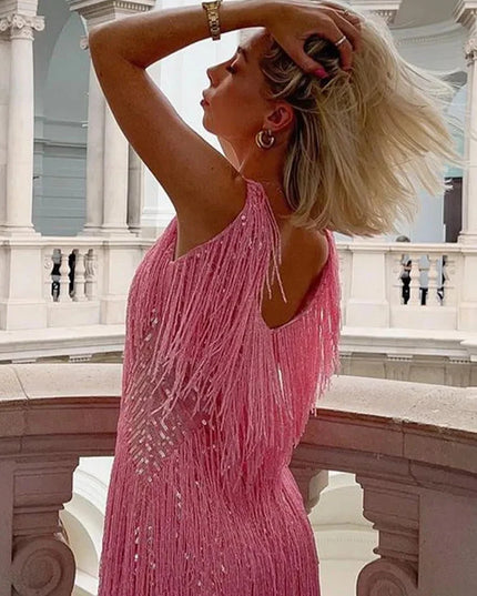 Women's Glitter Fringe Mini Party Dress with V-Neck