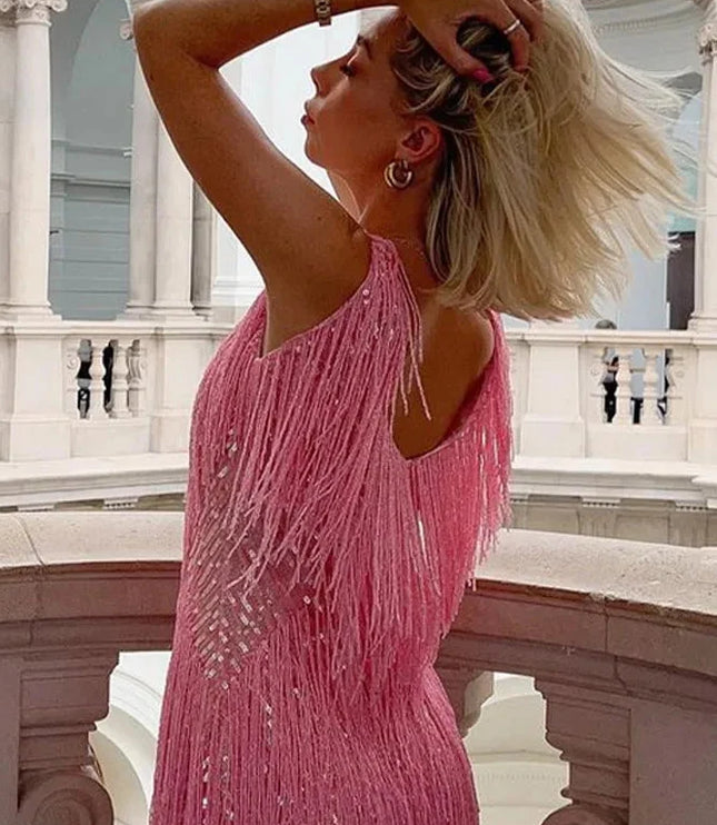 Women's Glitter Fringe Mini Party Dress with V-Neck