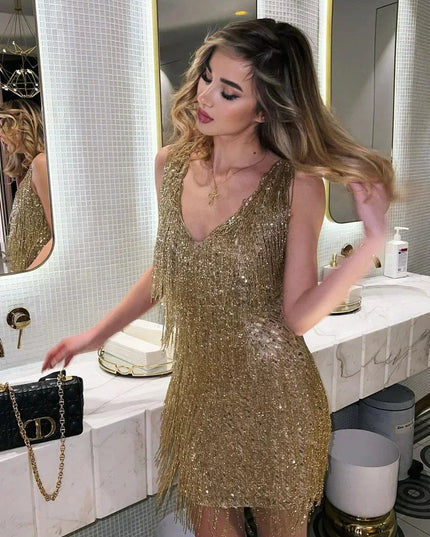 Women's Glitter Fringe Mini Party Dress with V-Neck