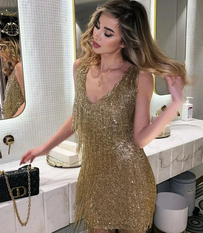 Women's Glitter Fringe Mini Party Dress with V-Neck