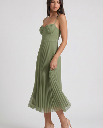 Vestido midi floral verde de verano con escote en V para cóctel mujer