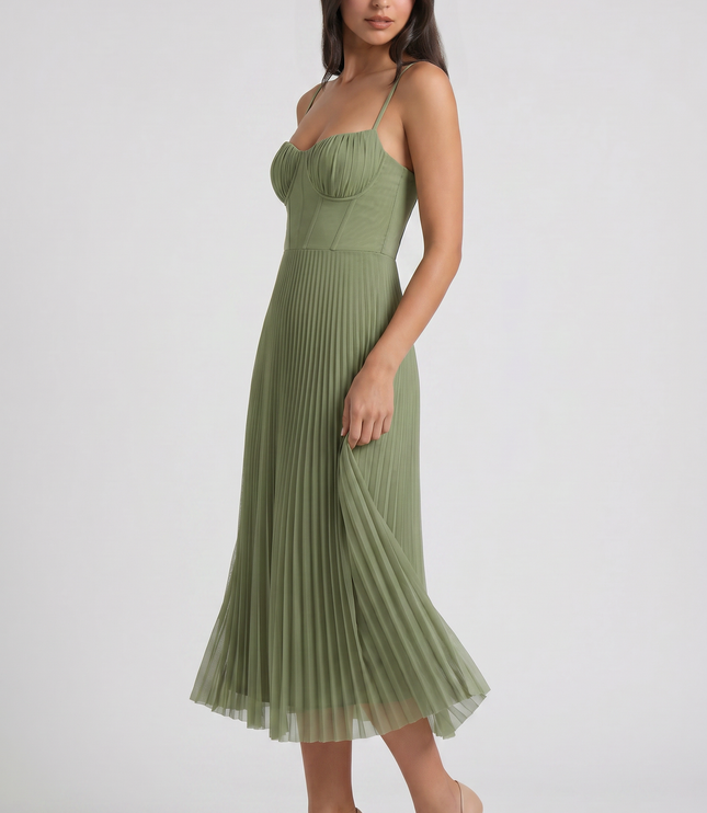 Vestido midi floral verde de verano con escote en V para cóctel mujer