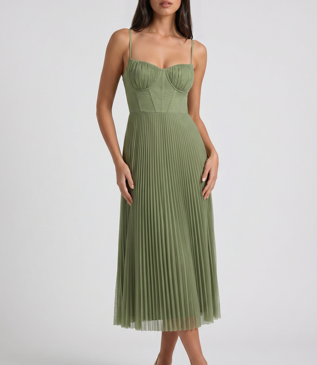Vestido midi floral verde de verano con escote en V para cóctel mujer