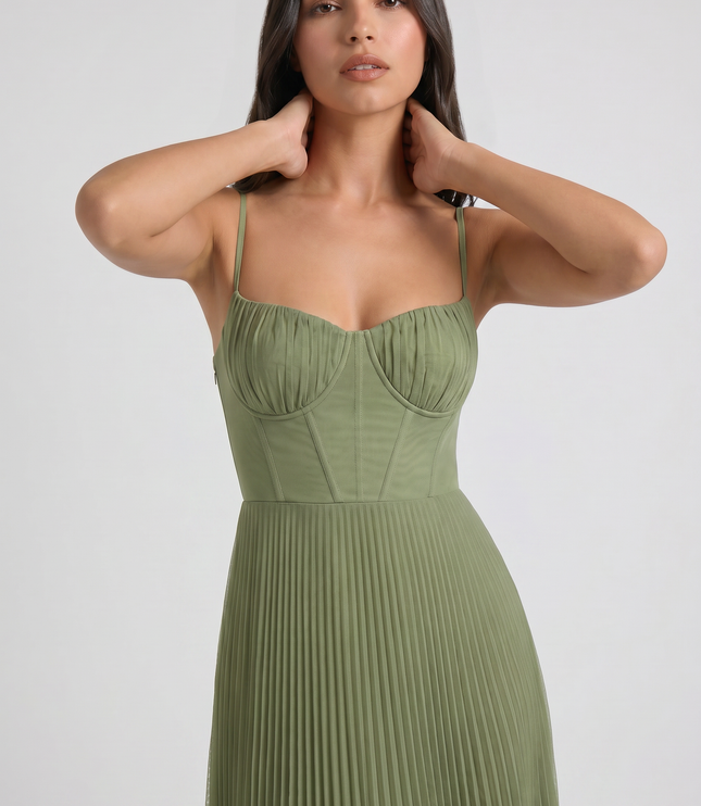 Vestido midi floral verde de verano con escote en V para cóctel mujer