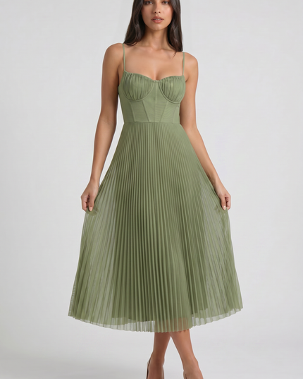 Vestido midi floral verde de verano con escote en V para cóctel mujer