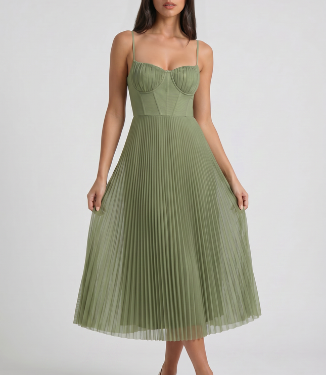 Vestido midi floral verde de verano con escote en V para cóctel mujer