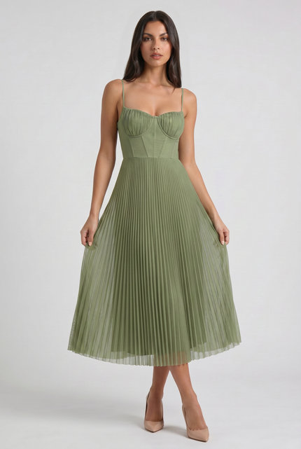 Vestido midi floral verde de verano con escote en V para cóctel mujer