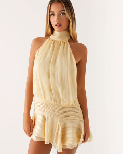 Cream pleated chiffon halter mini dress with ruched waist detail