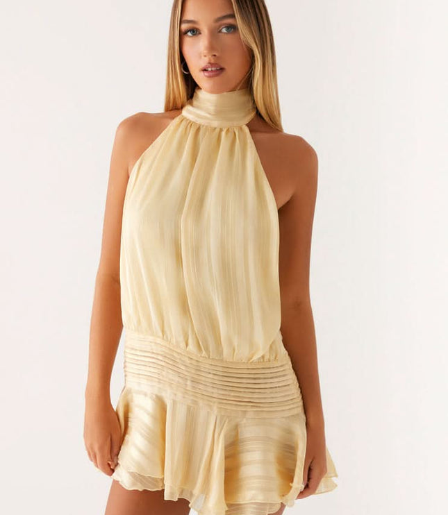 Cream pleated chiffon halter mini dress with ruched waist detail