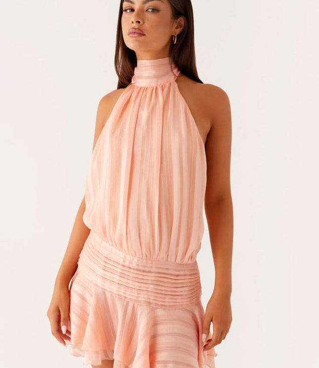 Peach pleated chiffon halter backless mini dress with gathered waist