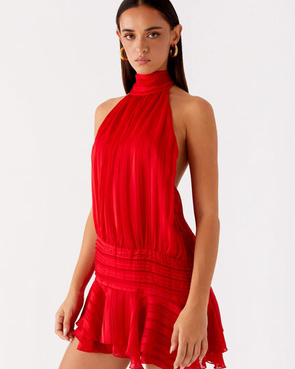 Red pleated chiffon halter backless mini dress with cinched waist