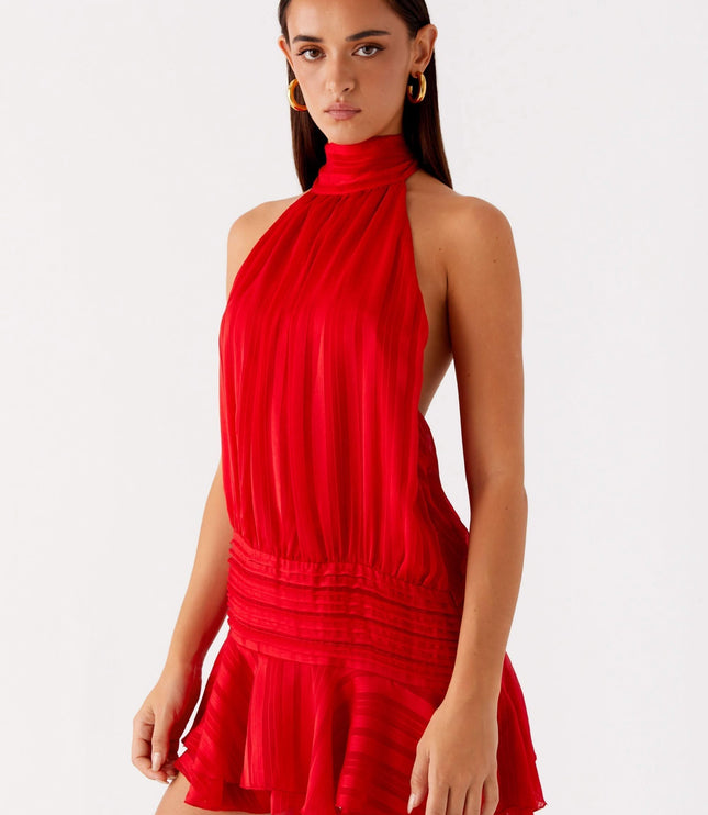 Red pleated chiffon halter backless mini dress with cinched waist