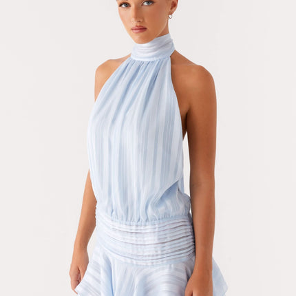 Light blue pleated halter mini dress with high neckline and gathered waist