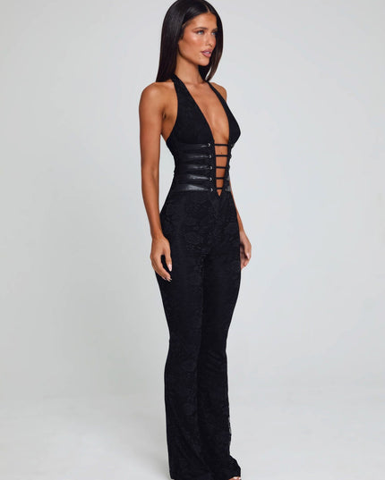 Black lace halter jumpsuit side view with flared pant legs