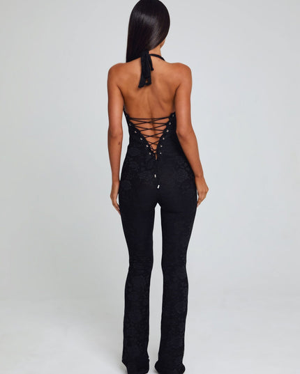 Black lace mesh halter jumpsuit with lace-up back and wide-leg pants