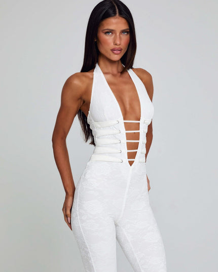 White lace halter jumpsuit with lace-up front and wide-leg pants