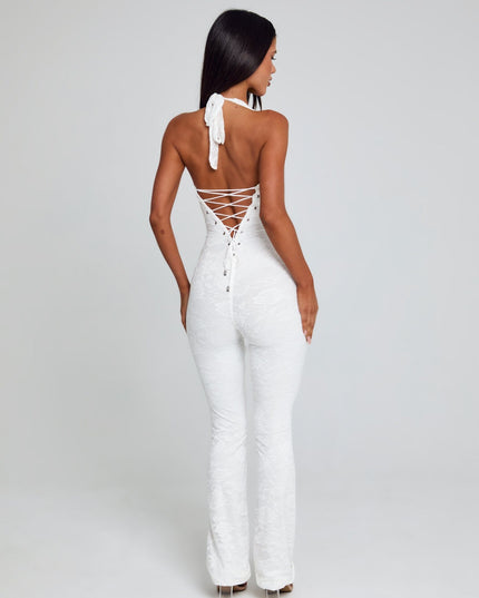 White lace halter jumpsuit back view with lace-up closure and wide legs
