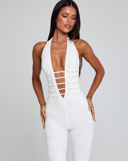 White lace mesh halter jumpsuit with front straps and flared wide-leg pants