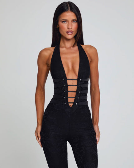 Black lace mesh halter jumpsuit with lace-up front bodice