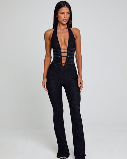 Black lace halter wide-leg jumpsuit with cutout straps detail