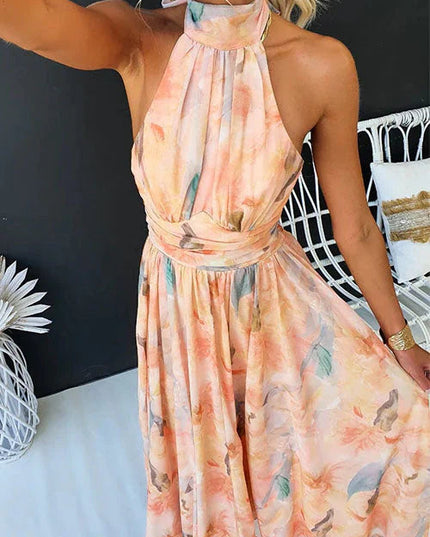 Halter open back floral maxi dress front detail with cinched waist