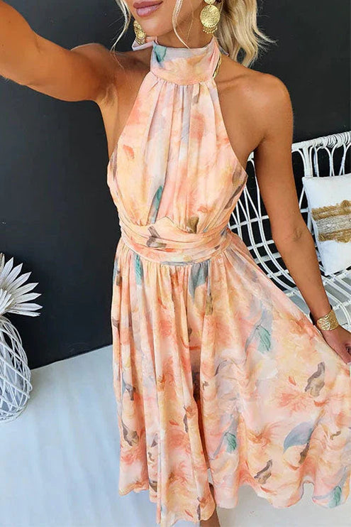 Halter open back floral maxi dress front detail with cinched waist