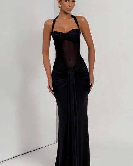 Black halter sundress with twisted front and ruched waist detail