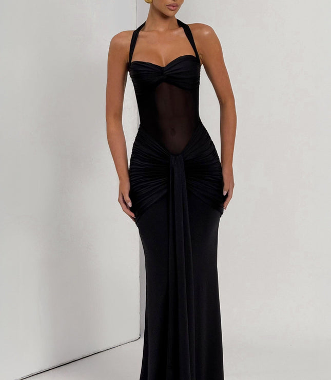 Black halter sundress with twisted front and ruched waist detail