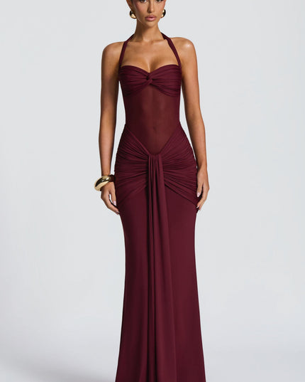 Burgundy halter maxi dress with sweetheart neckline and ruched hips