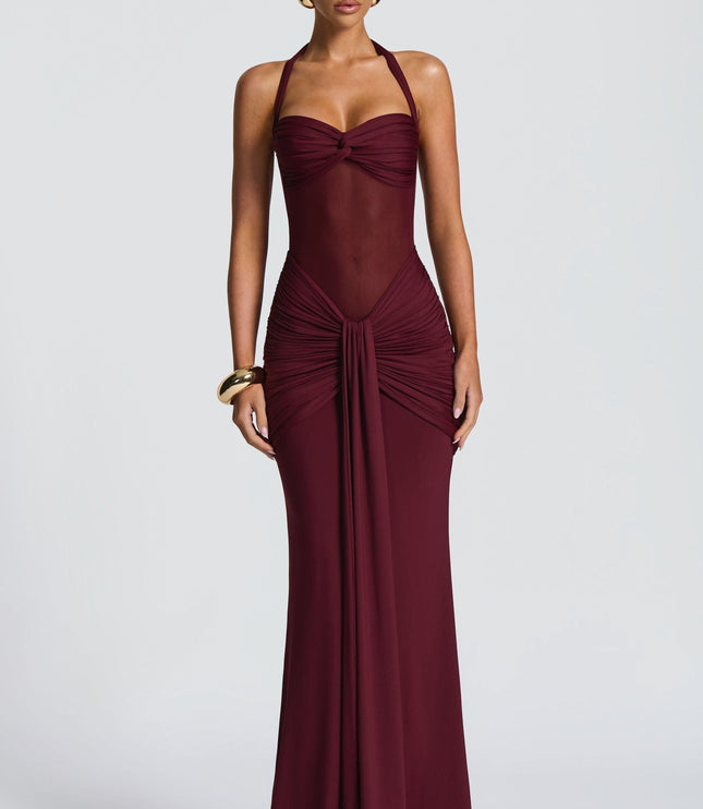 Burgundy halter maxi dress with sweetheart neckline and ruched hips