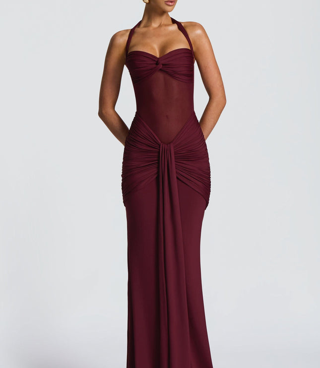 Burgundy halter sundress with twisted bodice and ruched side panel