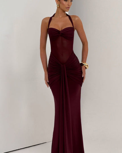 Burgundy halter maxi dress front view with ruched waist and sweetheart neckline
