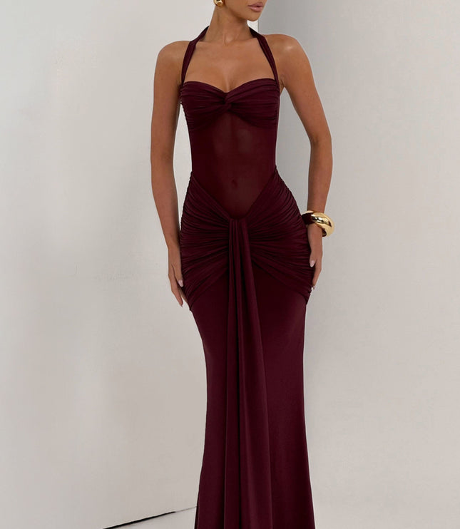 Burgundy halter maxi dress front view with ruched waist and sweetheart neckline
