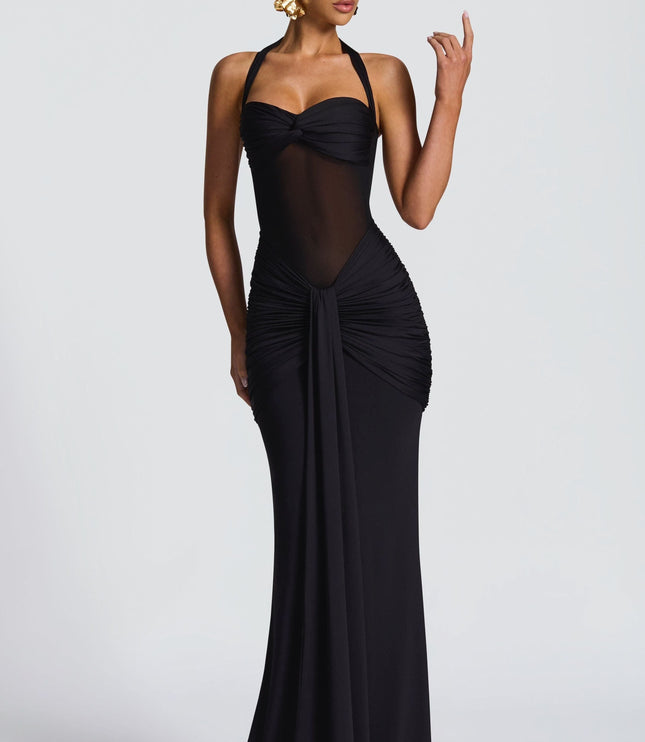 Black ruched halter maxi dress with twisted neckline detail